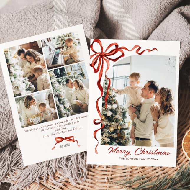 Tarjeta Festiva Navidades festivos Boho Red Bow Ribbon 5 Foto (Subido por el creador)