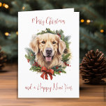 Tarjeta Festiva Navidades festivos de Personalizado de perro de Go<br><div class="desc">¿Buscando una manera festiva de enviar sus saludos de vacaciones este año? ¡No busque más que nuestras tarjetas de Navidades Golden Retriever! Estas tarjetas presentan un adorable menú Golden Retriever rodeado por una corona de flores y bayas con un arco festivo. La acuarela aporta un toque de alegría a los...</div>