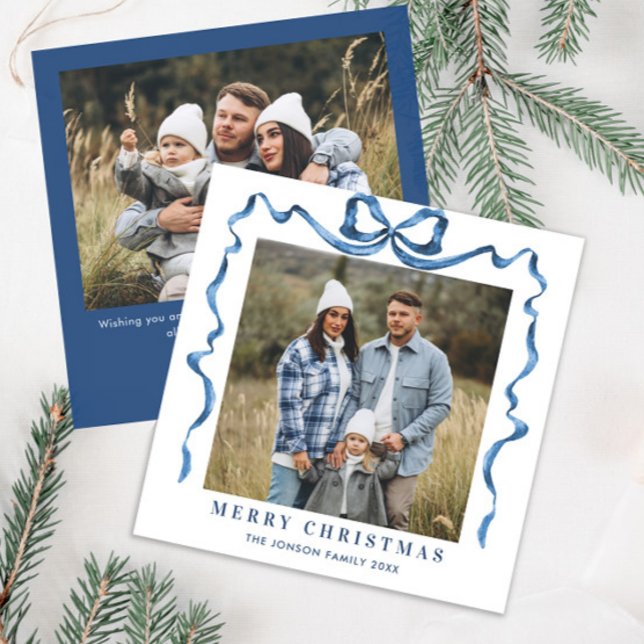 Tarjeta Festiva Navidades festivos Dusty Blue Bow Ribbon 2 Foto (Subido por el creador)