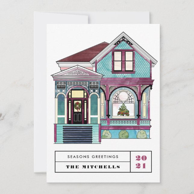 Tarjeta Festiva Navidades festivos Hogar victoriano Verde azulado  (Anverso)