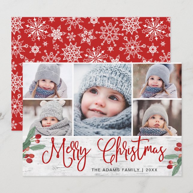 Tarjeta Festiva Navidades festivos Holly Berry Rustic 5 FOTO (Anverso / Reverso)