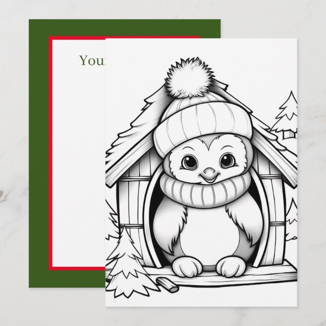 Tarjeta Festiva Navidades festivos niños coloreando pingüino (Anverso / Reverso)