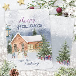 Tarjeta Festiva Navidades festivos Niños Snowman felices fiestas<br><div class="desc">Difunde alegría por las vacaciones con esta tarjeta de Navidades festivos que incluye un muñeco de nieve y niños. El acogedor diseño acuático muestra a los niños alegres y a un animado muñeco de nieve en un entorno nevado, un hermoso paisaje invernal que incluye una acogedora cabaña. Es perfecto para...</div>