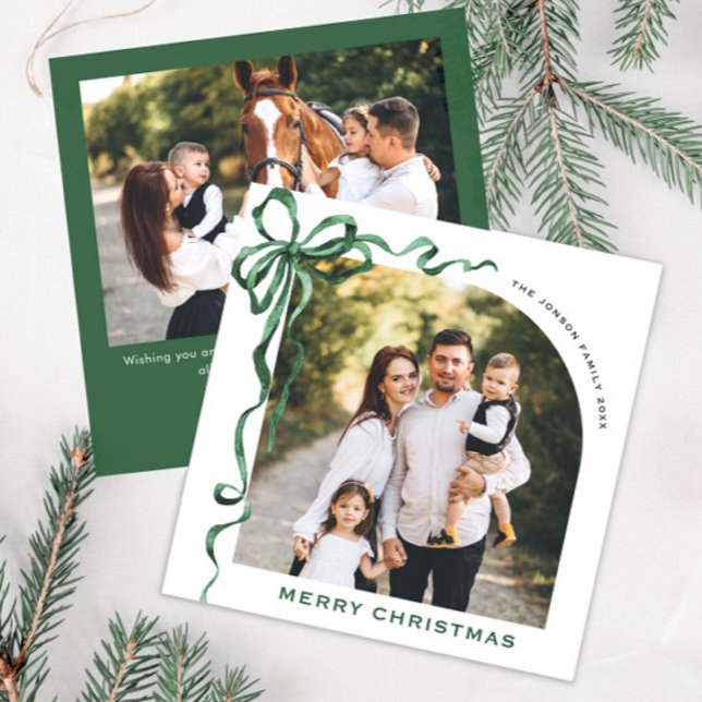 Tarjeta Festiva Navidades festivos sage Green Bow Ribbon 2 Photo (Subido por el creador)