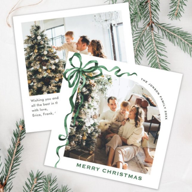 Tarjeta Festiva Navidades festivos sage Green Bow Ribbon 2 Photo (Subido por el creador)