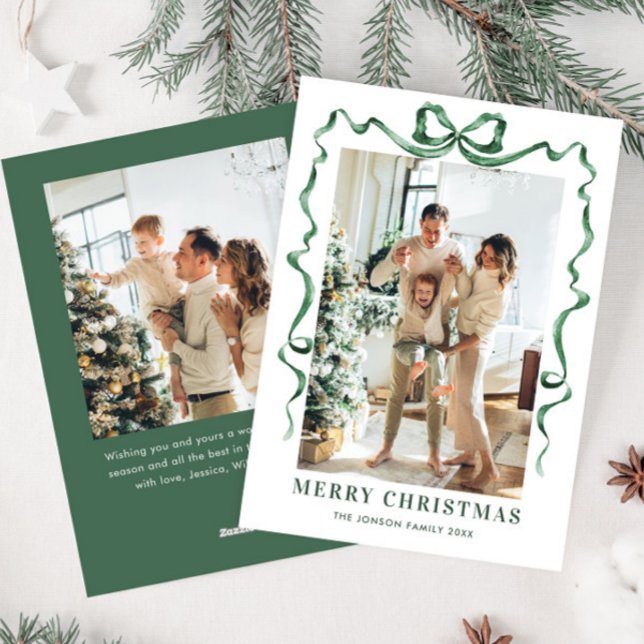 Tarjeta Festiva Navidades festivos sage Green Bow Ribbon 2 Photo (Subido por el creador)