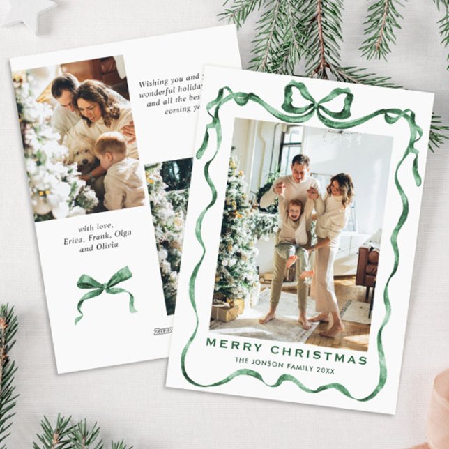 Tarjeta Festiva Navidades festivos sage Green Bow Ribbon 3 Photo (Subido por el creador)