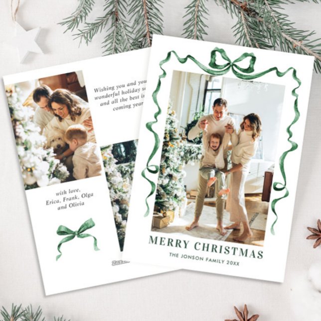 Tarjeta Festiva Navidades festivos sage Green Bow Ribbon 3 Photo (Subido por el creador)