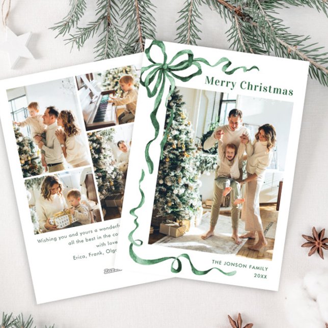 Tarjeta Festiva Navidades festivos sage Green Bow Ribbon 5 Photo (Subido por el creador)