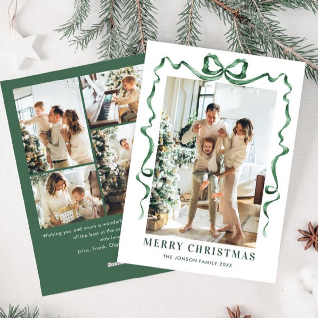 Tarjeta Festiva Navidades festivos sage Green Bow Ribbon 5 Photo (Subido por el creador)