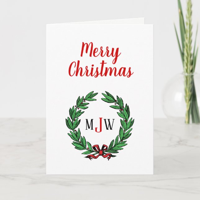 Tarjeta Festiva Navidades festivos Xmas Holly Wreath Monograma (Anverso)