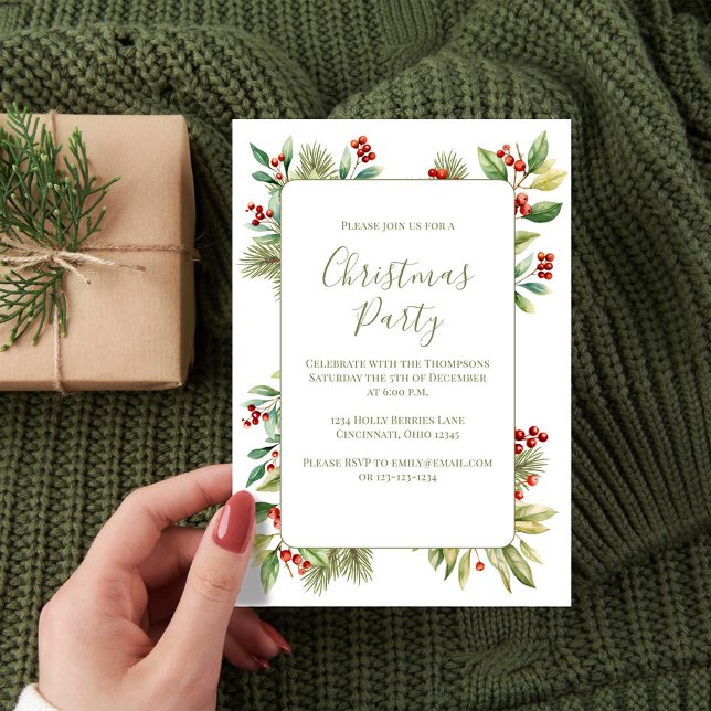 Tarjeta Festiva Navidades Fiesta Botanical Holly Greenery (Celebrate the Holidays in style with watercolor greenery and holly berries. )