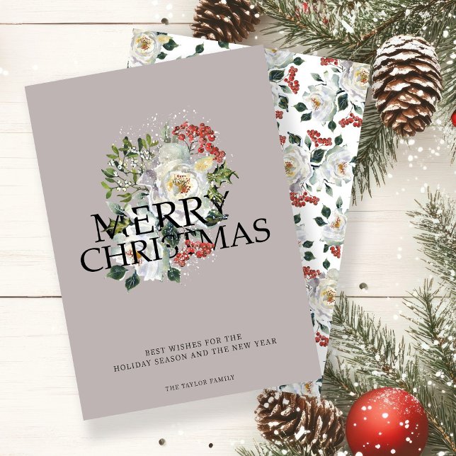 Tarjeta Festiva Navidades Flor de rosa blanca personalizada (Christmas White Rose Flower Personalized Holiday Card by Ricaso. Stunning winter foliage with roses)