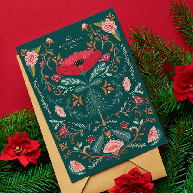 Tarjeta Festiva Navidades Floral Folclore Arte Profundo Selva Verd (Christmas Floral Folk Art Deep Forest Green Holiday Card)
