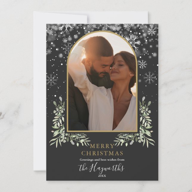 Tarjeta Festiva Navidades Floral Greenery Gold Arch Photo (Anverso)