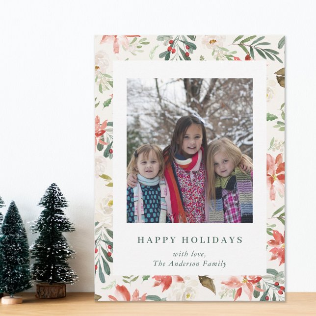 Tarjeta Festiva Navidades Floral Happy Holidays Family Photo Beige (Subido por el creador)