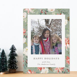 Tarjeta Festiva Navidades Floral Happy Holidays Family Photo Sage