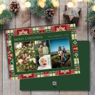 Tarjeta Festiva Navidades Floral Plaid Family 4 Collage de fotos