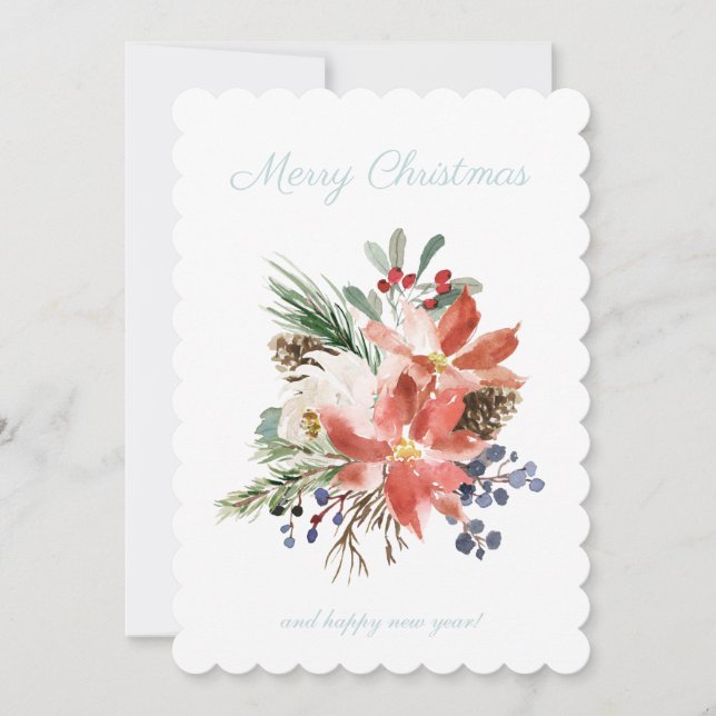 Tarjeta Festiva Navidades Floral Poinsettia Light Blue Plaid Check (Anverso)