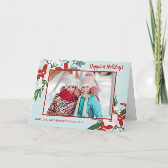 Tarjeta Festiva Navidades Floral Red Aqua Holiday Photo (Anverso)