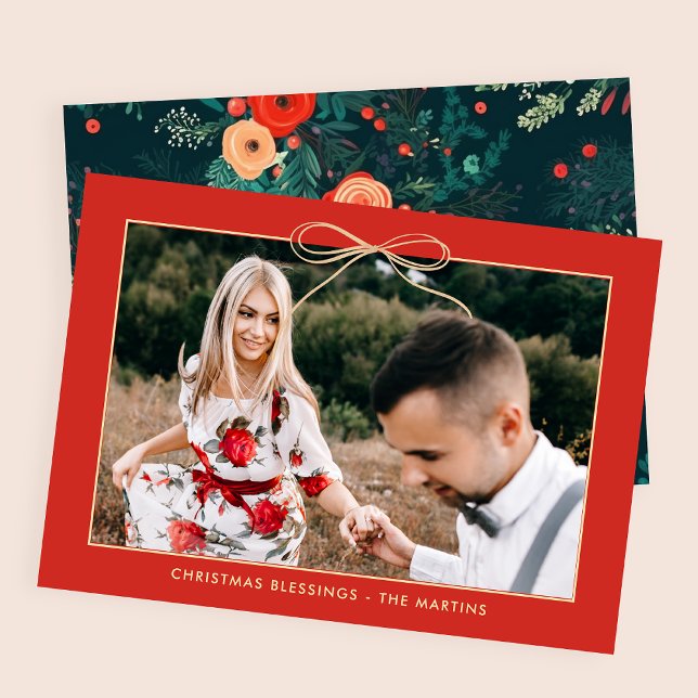 Tarjeta Festiva Navidades Floral Red Elegant Bow Photo (Subido por el creador)