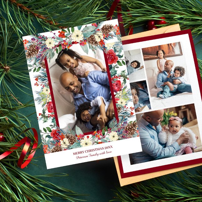 Tarjeta Festiva Navidades floral rústica 5 collage de fotos borgoñ (Subido por el creador)