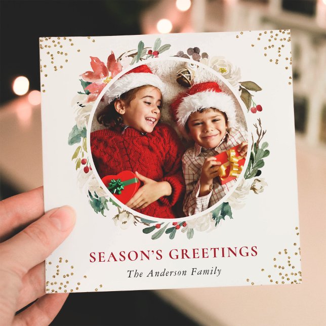 Tarjeta Festiva Navidades Floral Wreath Gold Purpurina 2 Foto (Sample (Front))