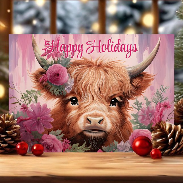 Tarjeta Festiva Navidades florales Baby Highland Cow Felices Fiest (Subido por el creador)