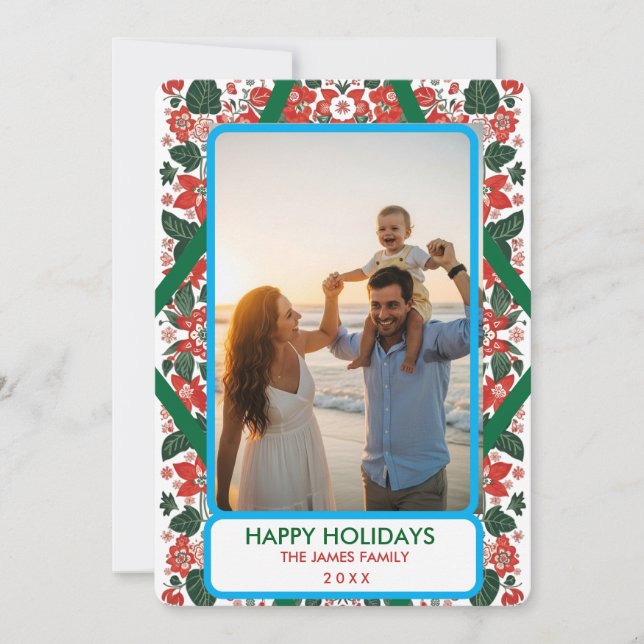 Tarjeta Festiva Navidades florales de arte folclórico botánico roj (Anverso)