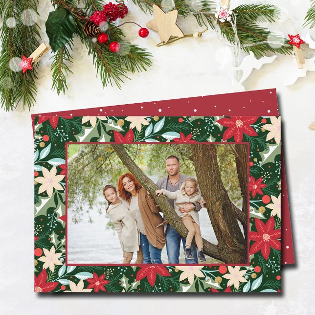 Tarjeta Festiva Navidades florales de Poinsettia (Poinsettia floral Christmas  holiday photo cards)