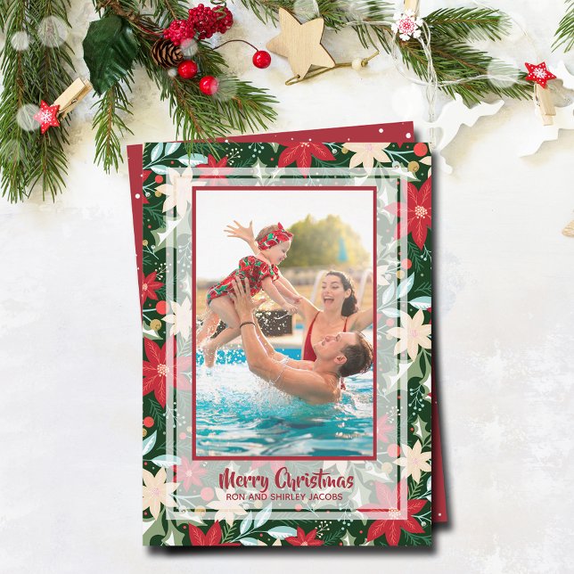 Tarjeta Festiva Navidades florales de Poinsettia (Poinsettia floral Christmas  holiday photo cards)