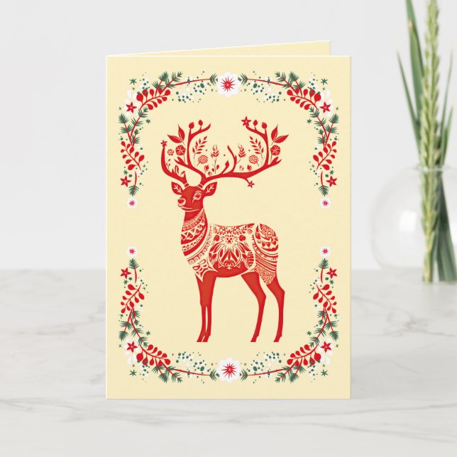 Tarjeta Festiva Navidades florales de renos escandinavos rojos (Anverso)