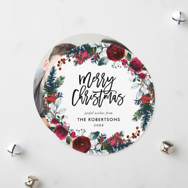 Tarjeta Festiva Navidades florales de vacaciones Wreath Circle Pho (Anverso/Reverso In Situ)