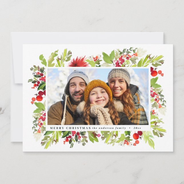 Tarjeta Festiva Navidades florales tradicionales de acuarela + fol (Anverso)