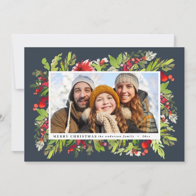 Tarjeta Festiva Navidades florales tradicionales de acuarela + fol (Anverso)