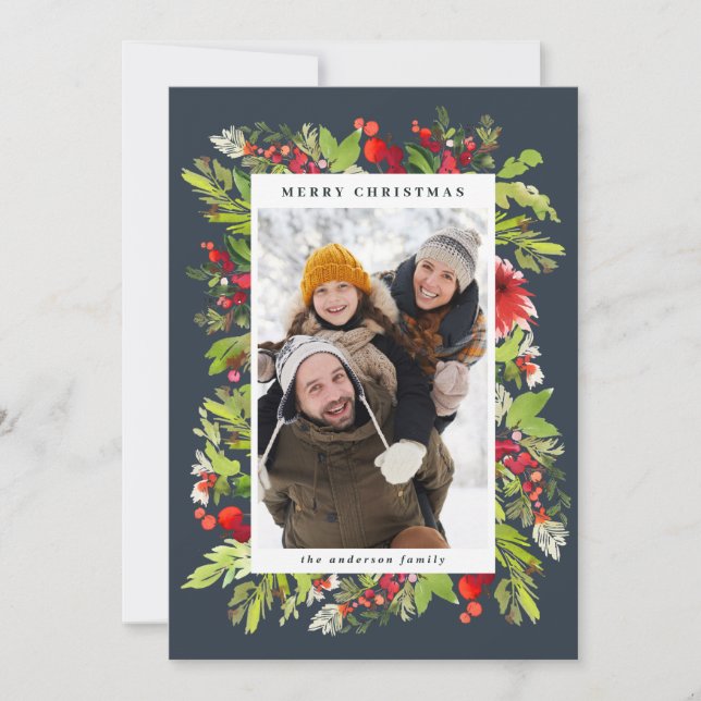 Tarjeta Festiva Navidades florales tradicionales de acuarela + fol (Anverso)