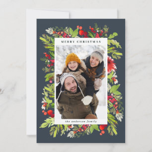 Tarjeta Festiva Navidades florales tradicionales de acuarela + fol