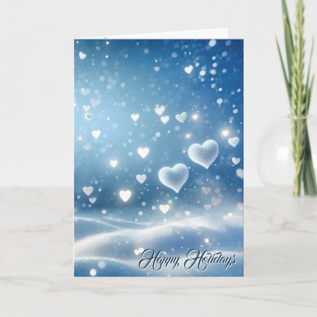 Tarjeta Festiva Navidades flotantes de corazones de nieve (Anverso)