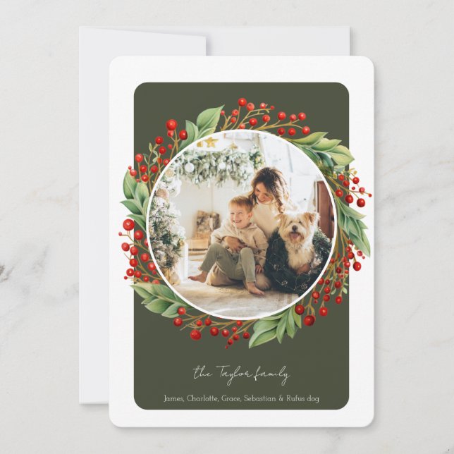 Tarjeta Festiva Navidades Foliage Green Winter con foto de Berries (Anverso)