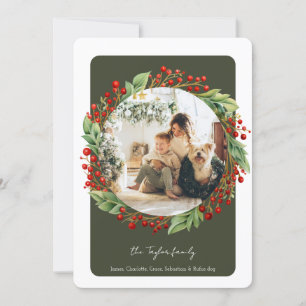 Tarjeta Festiva Navidades Foliage Green Winter con foto de Berries