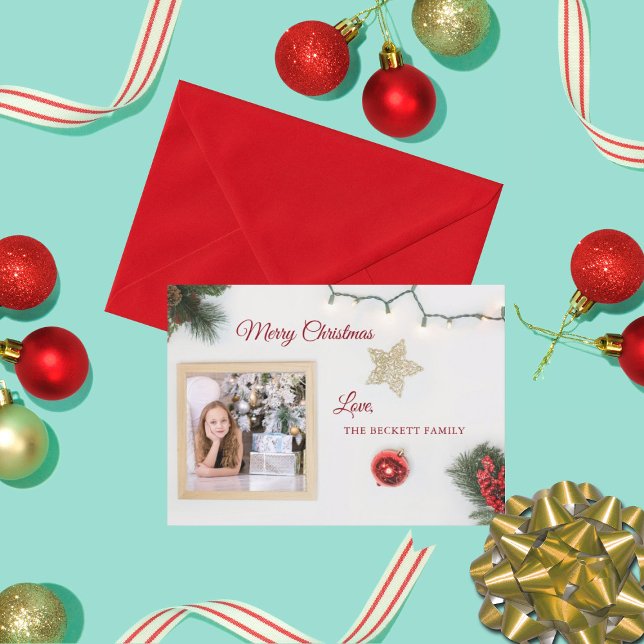 Tarjeta Festiva Navidades Foliage & String Lights Holiday Photo (Subido por el creador)