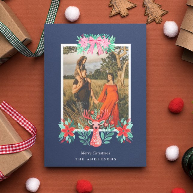 Tarjeta Festiva Navidades Foto de reno Floral Azul (Subido por el creador)