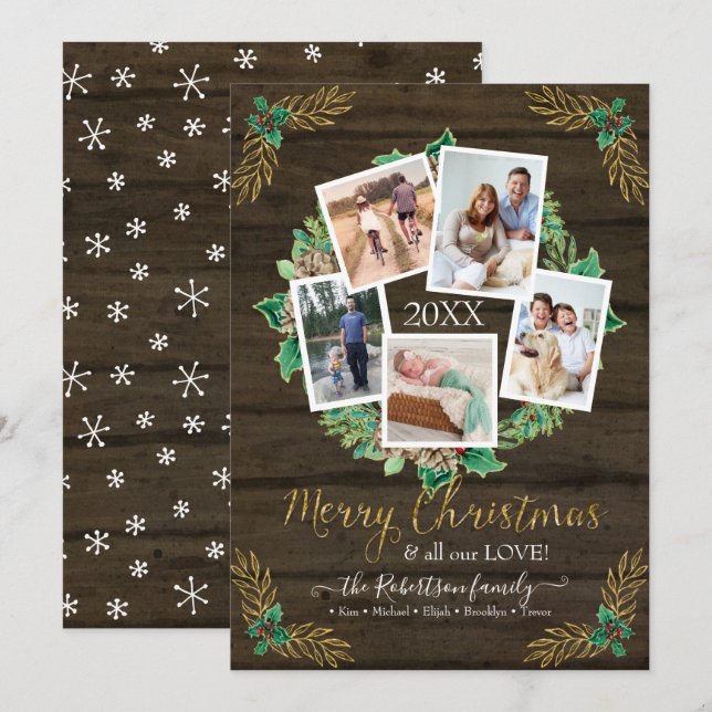 Tarjeta Festiva Navidades Foto de Wreath Gold Rustic acuarela (Anverso / Reverso)