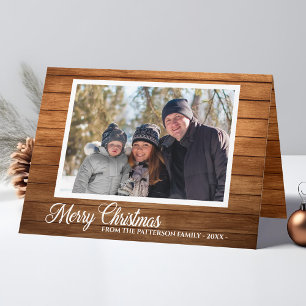 Tarjeta Festiva Navidades Foto Familia Nombre Madera Rústica Dobla