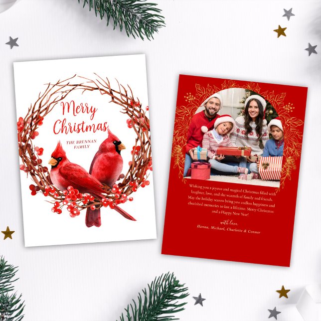Tarjeta Festiva Navidades Foto Festividad Cardenal rojo de la guer (Christmas Photo Festive Wreath Red Cardinal Holiday Card)