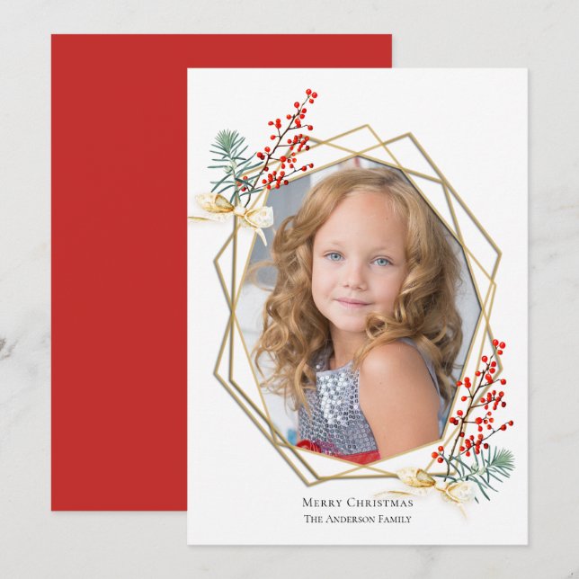 Tarjeta Festiva Navidades Foto Marco Geométrico Oro Berries Rojo (Anverso / Reverso)