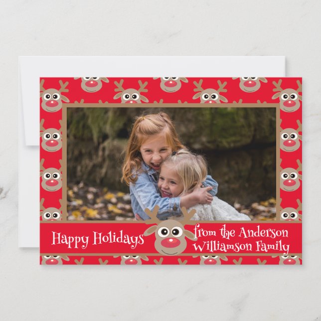 Tarjeta Festiva Navidades Foto Patrón de reno blanco rojo (Anverso)