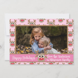 Tarjeta Festiva Navidades Foto Patrón de renos rosados rosados