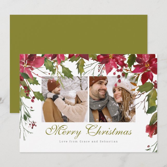 Tarjeta Festiva Navidades Foto personalizada de Poinsettia (Anverso / Reverso)