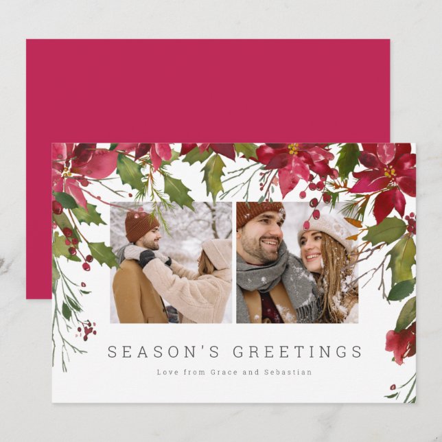 Tarjeta Festiva Navidades Foto personalizada de Poinsettia (Anverso / Reverso)